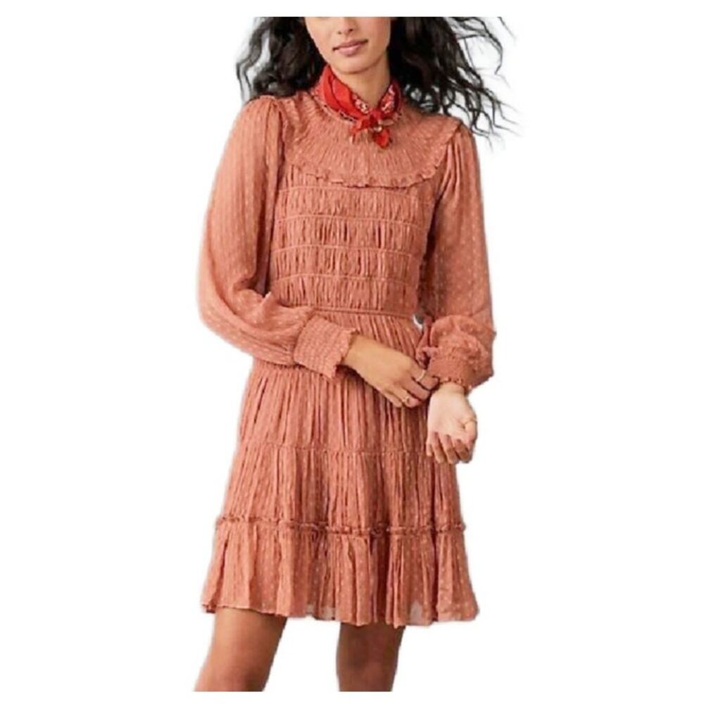 NWT Anthropologie Dalia Ruffle Smocked Long Sleeve Mini Dress In Fall Pink/Rose